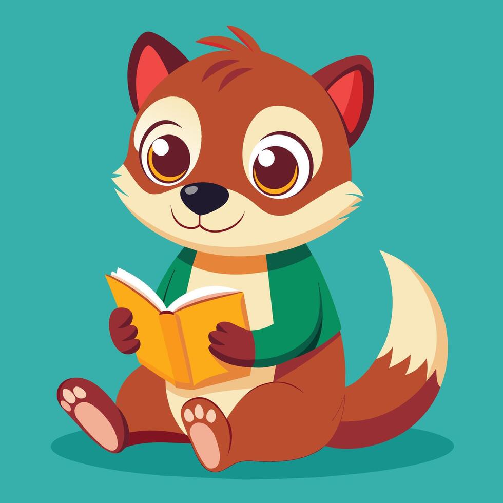 Cute cartoon ferret reading a book while sitting on the grass with a blue background and sparkles around it vector