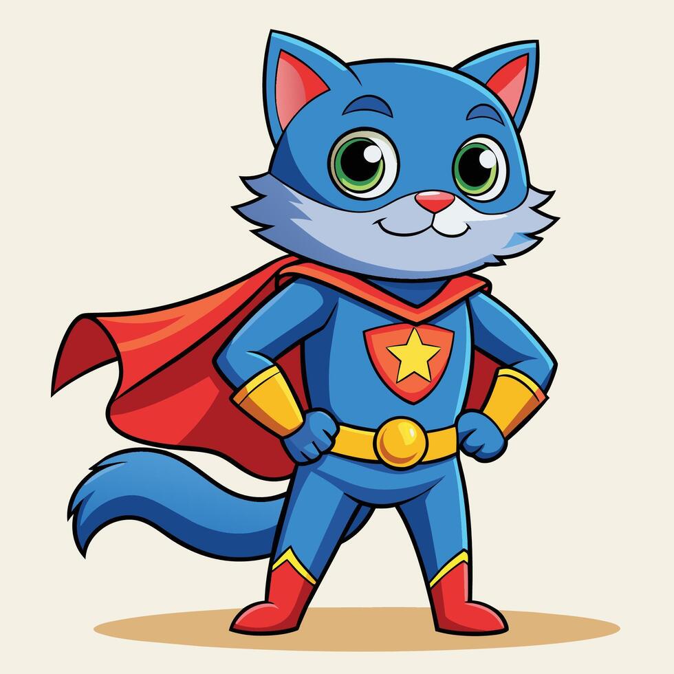 The cat hero, dressed in a blue costume with golden accents, exudes confidence and charm, ready for adventure in a whimsical, vibrant style vector