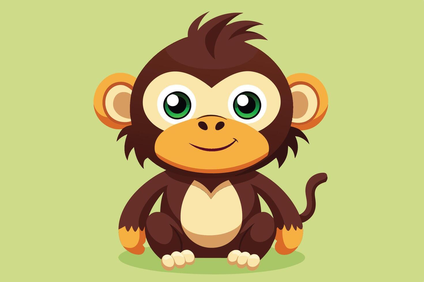 Cute cartoon monkey with big eyes and a cheerful expression sitting on a light green background, appealing to children and animal lovers alike vector