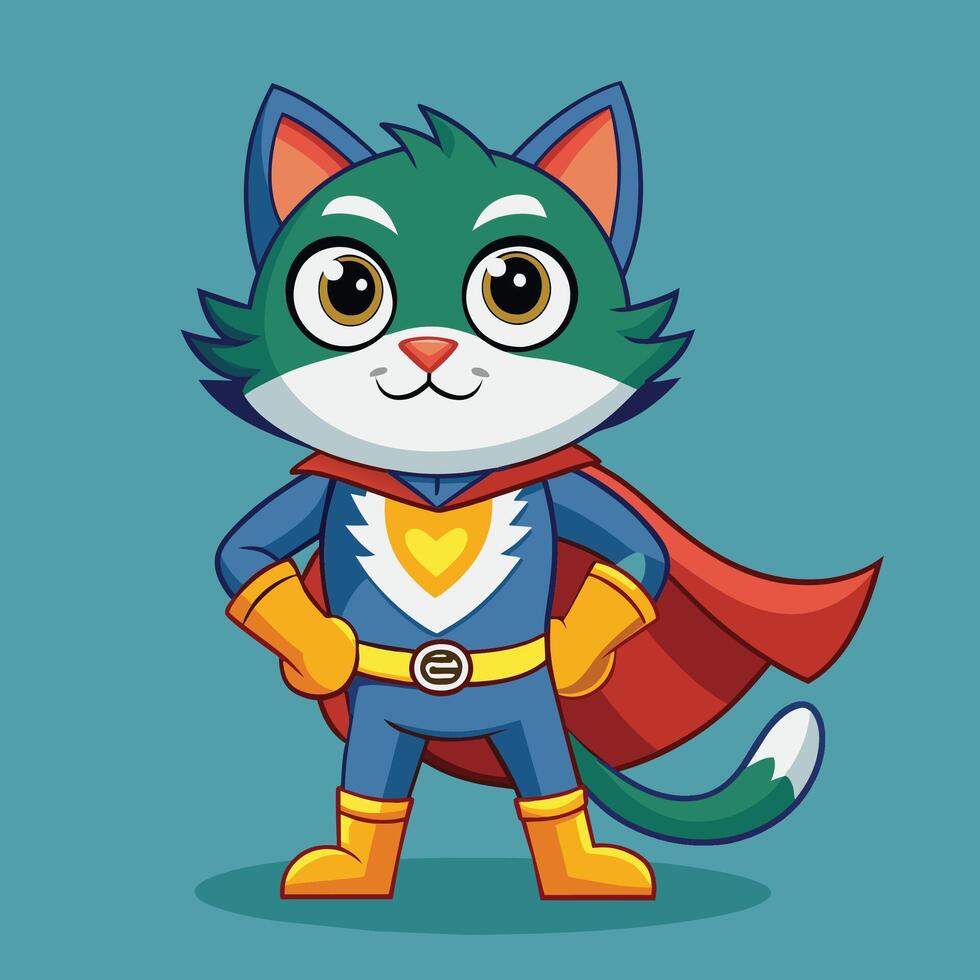 Superhero cat character in vibrant costume with cape standing confidently against a bright blue background vector