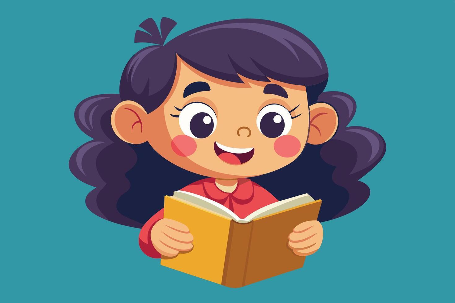 A cheerful girl with curly hair enjoys reading a book in a bright, simple illustration against a teal background vector