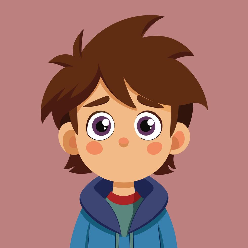 A young boy with big expressive eyes looking concerned, standing against a soft blue background, showcasing a playful cartoon style vector