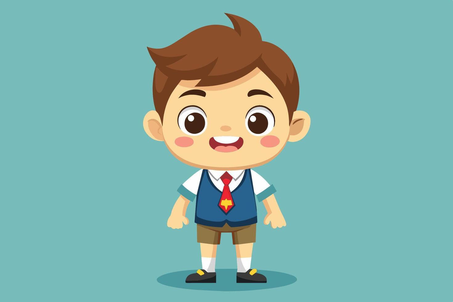 Cheerful young boy wearing a vest, shorts, and tie smiling against a solid background in a playful cartoon style vector