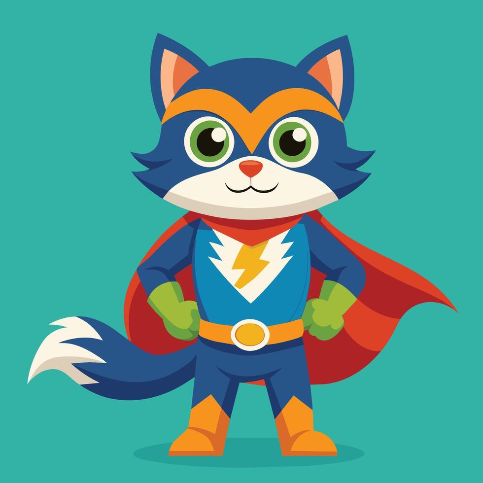 A heroic cartoon cat in a blue and orange outfit stands confidently with a cape, showcasing its superpowers against a vibrant background vector