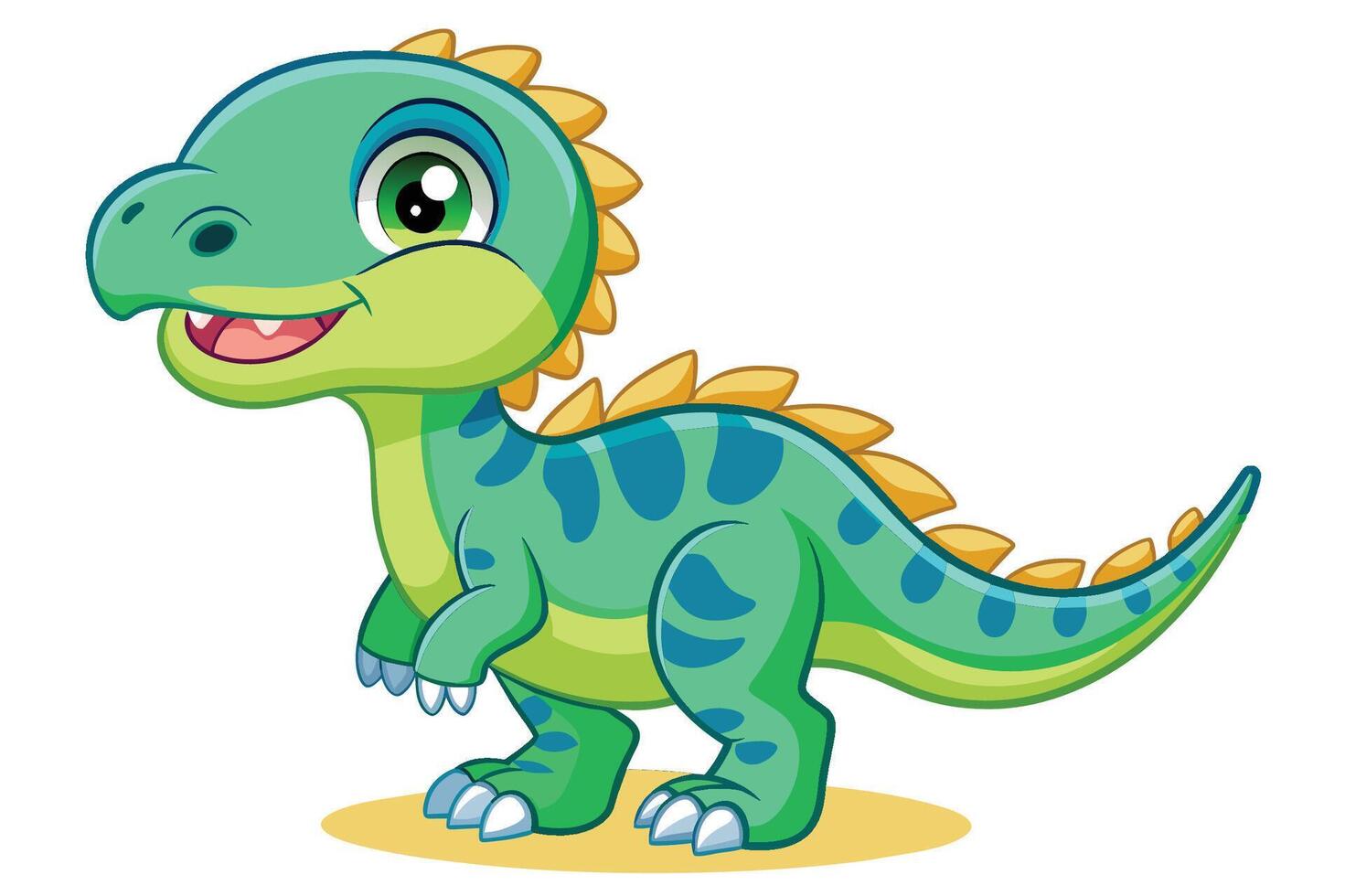 A cheerful green dinosaur character with blue stripes standing on a light background, showcasing a friendly expression and playful demeanor vector