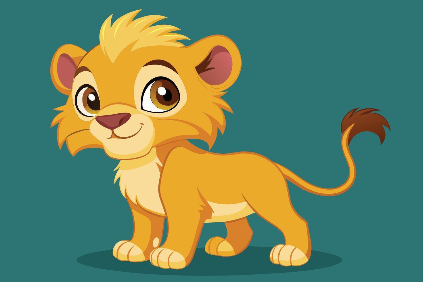 A cheerful cartoon lion cub standing happily against a teal background, showcasing its bright colors and playful expression vector