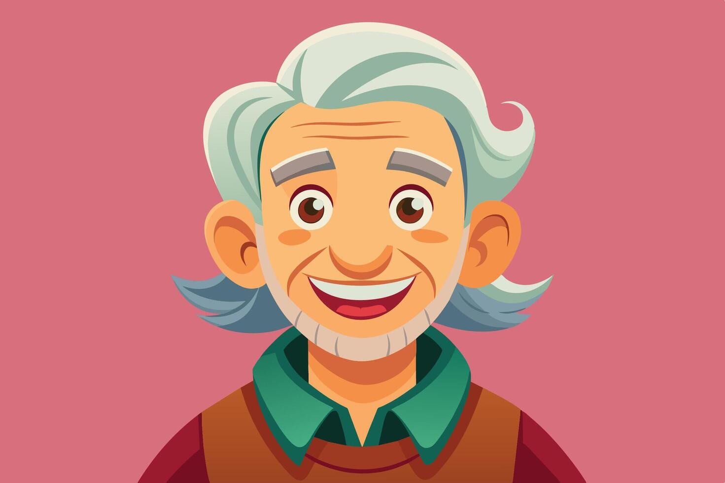 Cheerful elderly man with gray hair and a friendly smile wearing a green shirt and brown vest against a solid pink backdrop vector