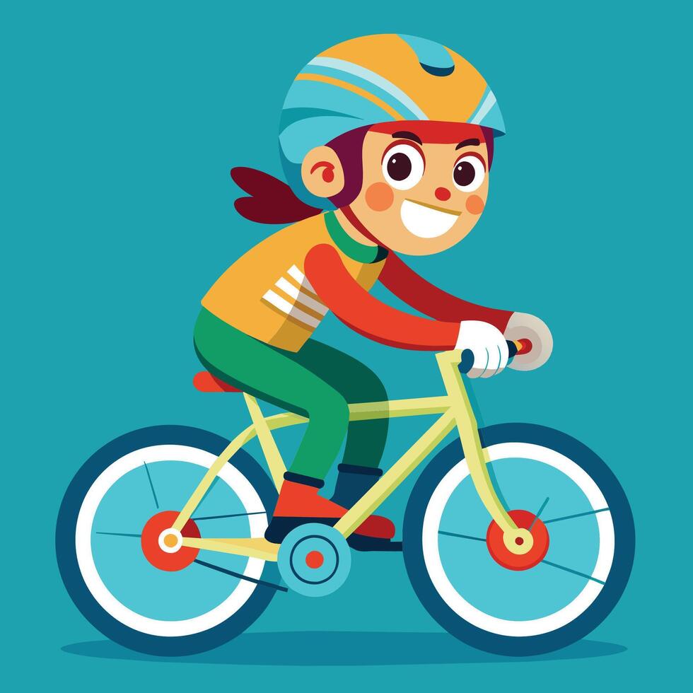 A young boy enjoys a sunny day riding his bicycle through a bright blue sky with fluffy clouds and a cheerful sun shining brightly vector