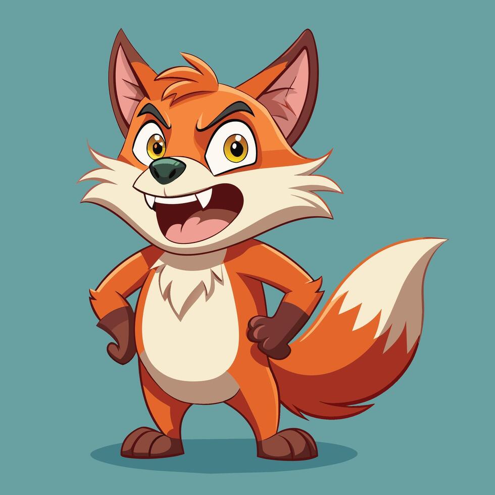 Angry cartoon fox character in a green outfit ready for action on a blue background vector