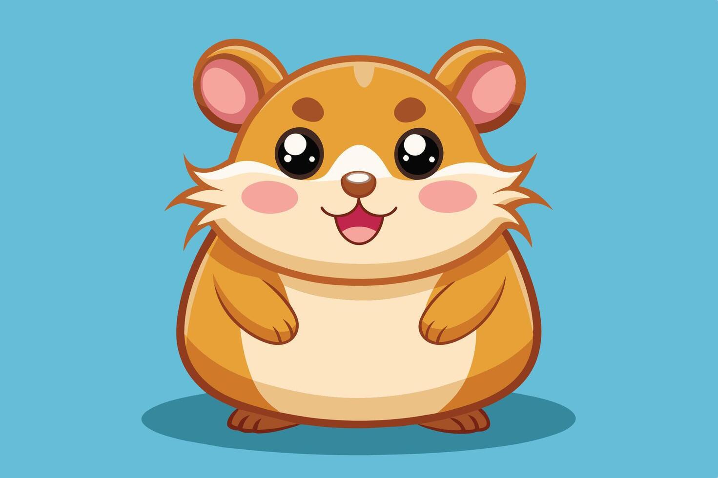 Cute cartoon hamster standing against a blue background, showcasing its round body and cheerful expression with oversized eyes vector