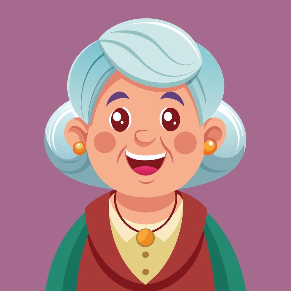 Cheerful elderly woman with gray hair and a green coat, smiling warmly against a simple background vector