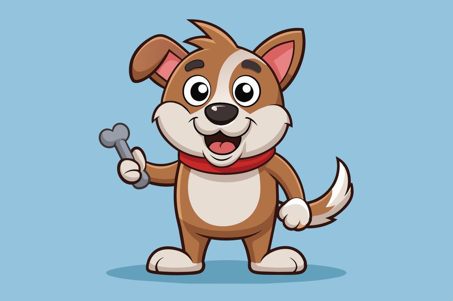 Cute cartoon dog holding a bone, smiling happily against a light blue background in a cheerful and playful manner vector