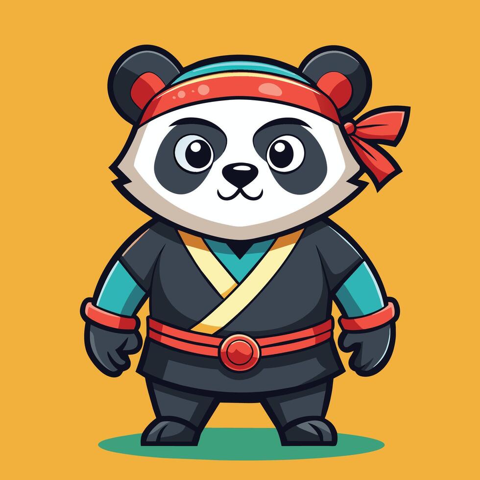 A fierce cartoon panda in a ninja outfit stands confidently against a vibrant orange background, ready for action with a determined expression vector
