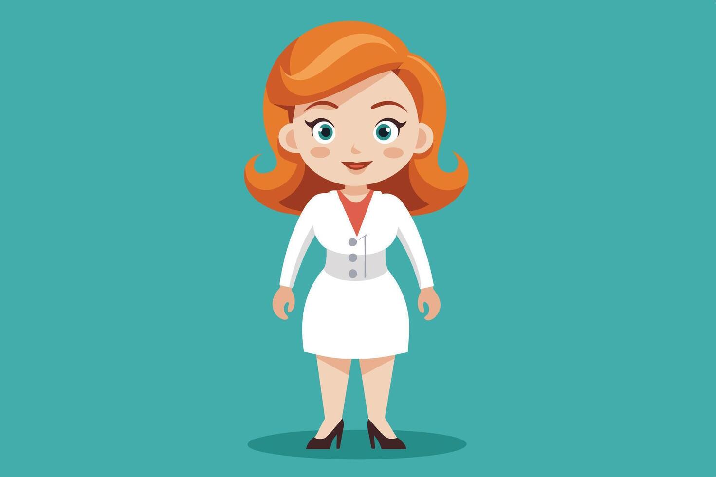 A cheerful cartoon woman in a stylish dress stands confidently against a solid turquoise background with a friendly expression vector