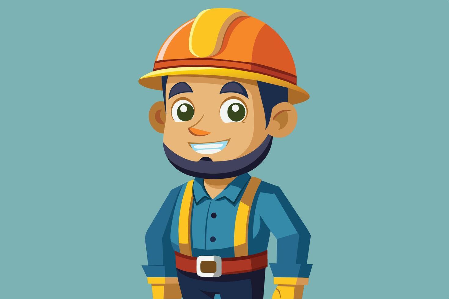 A cheerful construction worker wearing a hard hat and uniform stands confidently against a teal background in a workplace setting vector