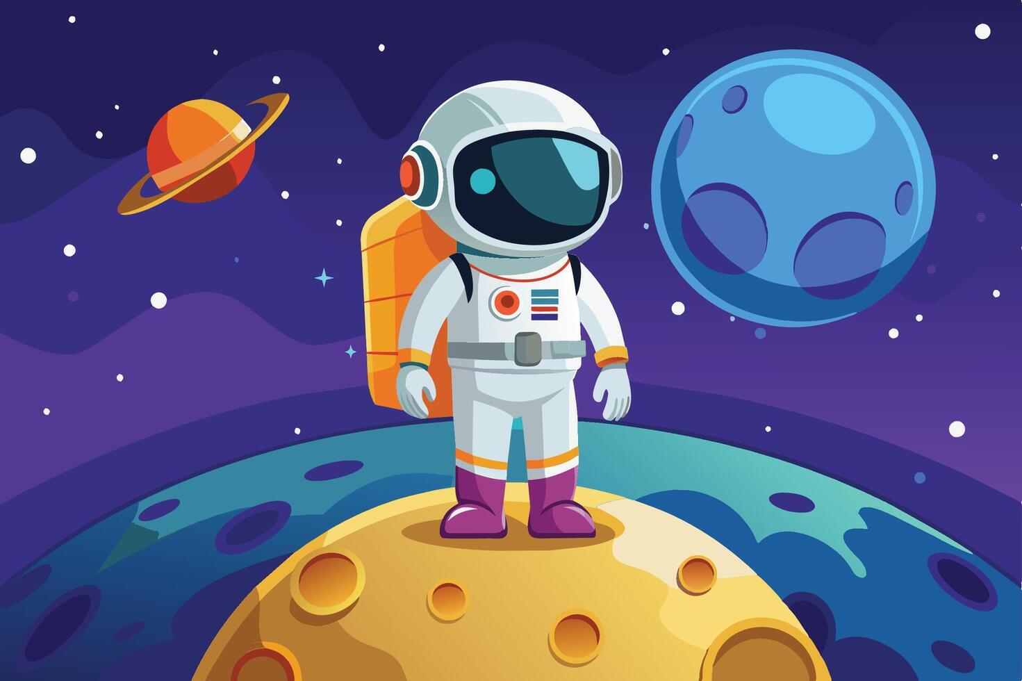 An astronaut stands on the surface of a colorful moon, surrounded by distant planets and stars in a captivating outer space scene vector