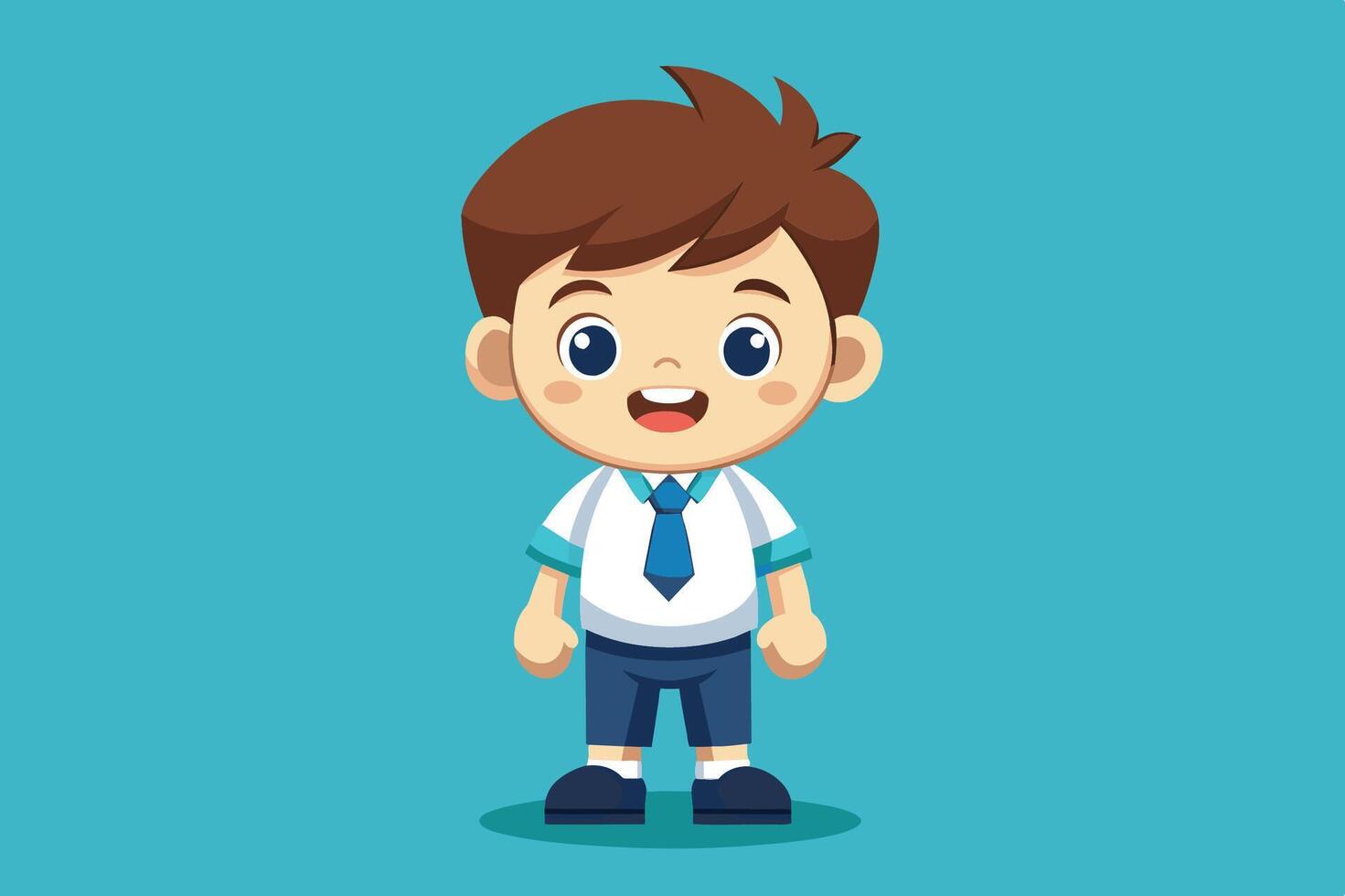 Young boy in a school uniform with a cheerful expression, standing against a vibrant blue background vector