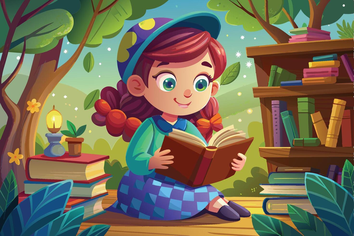 A young girl enjoys reading a book in a vibrant forest surrounded by colorful books and blooming flowers during a sunny afternoon vector
