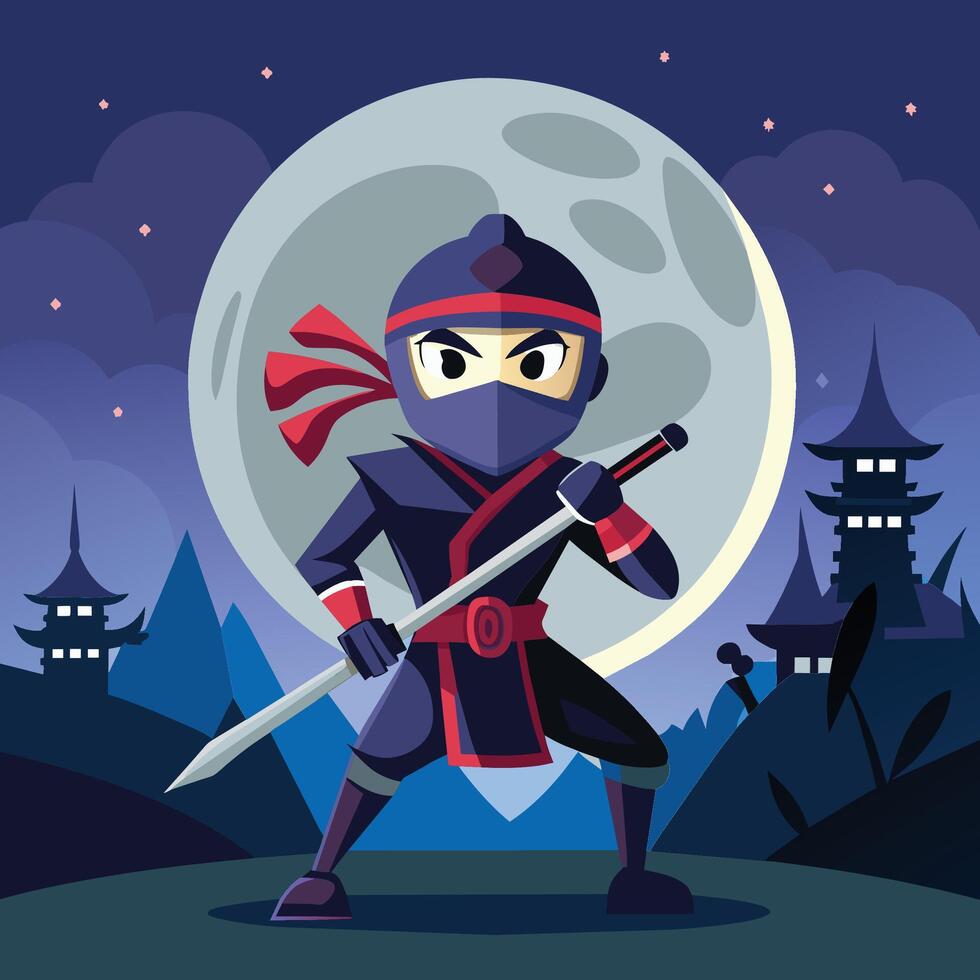 A determined ninja stands on a hill at night, holding a sword with a full moon illuminating the landscape and silhouetted trees vector