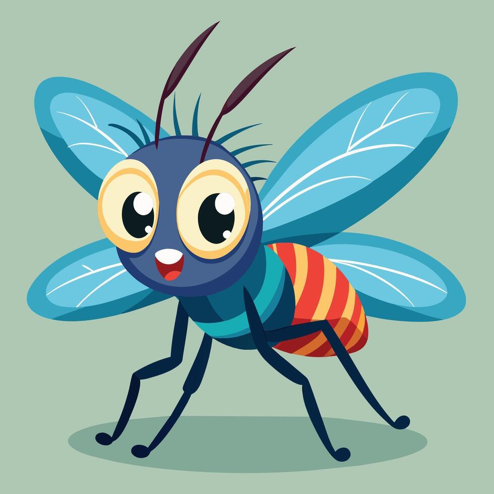 A cheerful cartoon insect with large wings and vibrant colors, standing on a surface, showcasing its friendly expression and lively personality vector