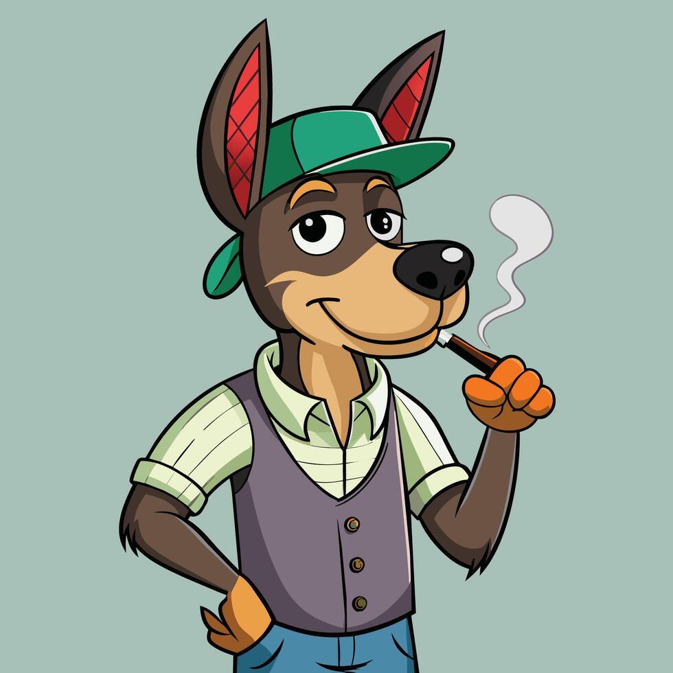 A cool cartoon dog character wearing a cap and a snazzy outfit while enjoying a cigar with a confident expression on a simple background vector