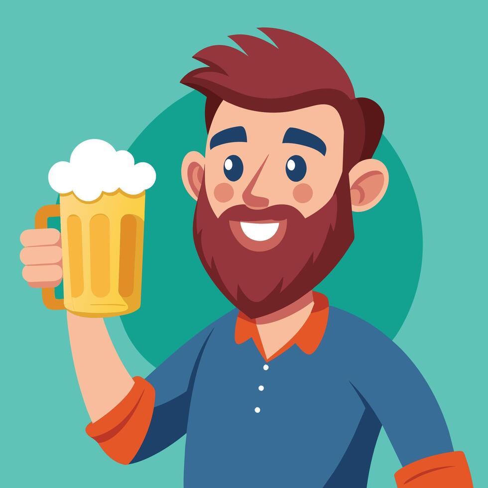 Cheerful man enjoying a cold beer against a vibrant yellow backdrop during a casual gathering with friends vector