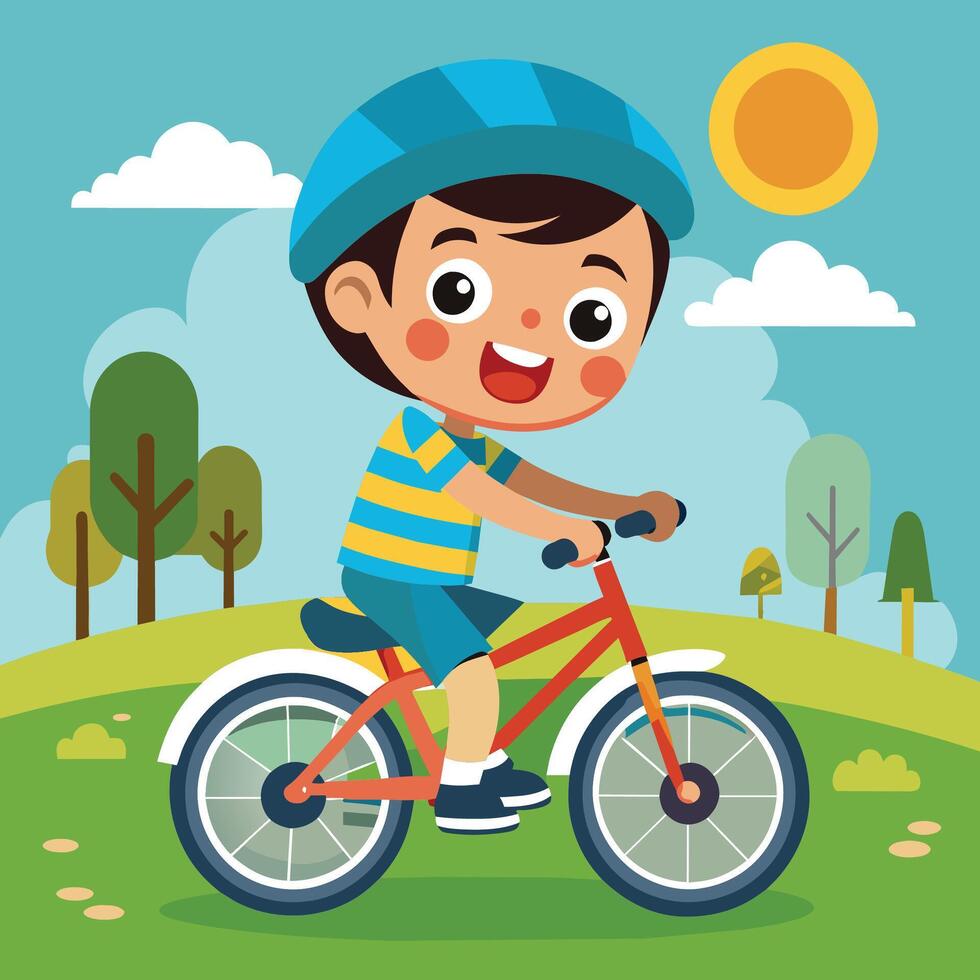 A cheerful young boy rides a bicycle with bright colors, wearing a red helmet against a blue sky adorned with fluffy clouds vector