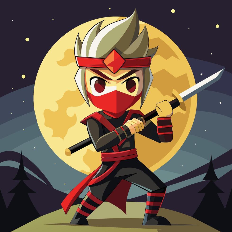 A cartoon ninja stands confidently in front of a large moon, ready for action with a sword and a determined expression in a dark background vector
