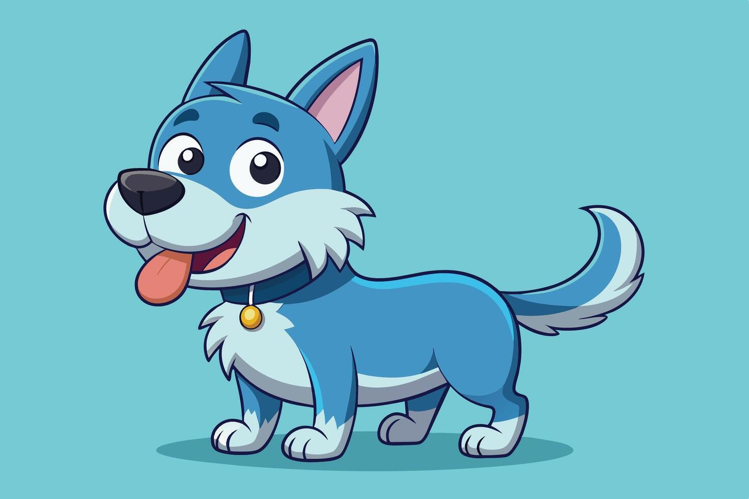 A cheerful blue cartoon dog standing on a light background with a playful expression, showcasing its fluffy tail and bright eyes vector