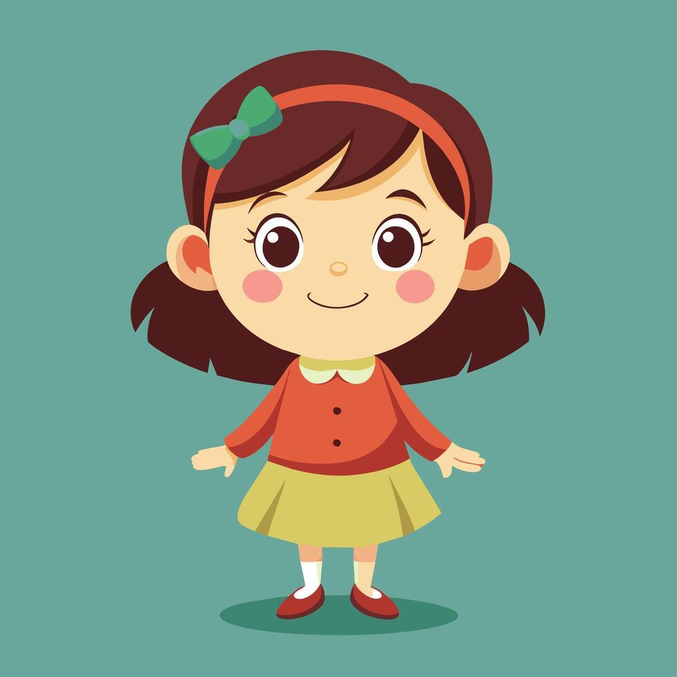 A cheerful cartoon girl with a bow stands on a green background, wearing a green dress and red shoes, embodying a friendly and playful character vector