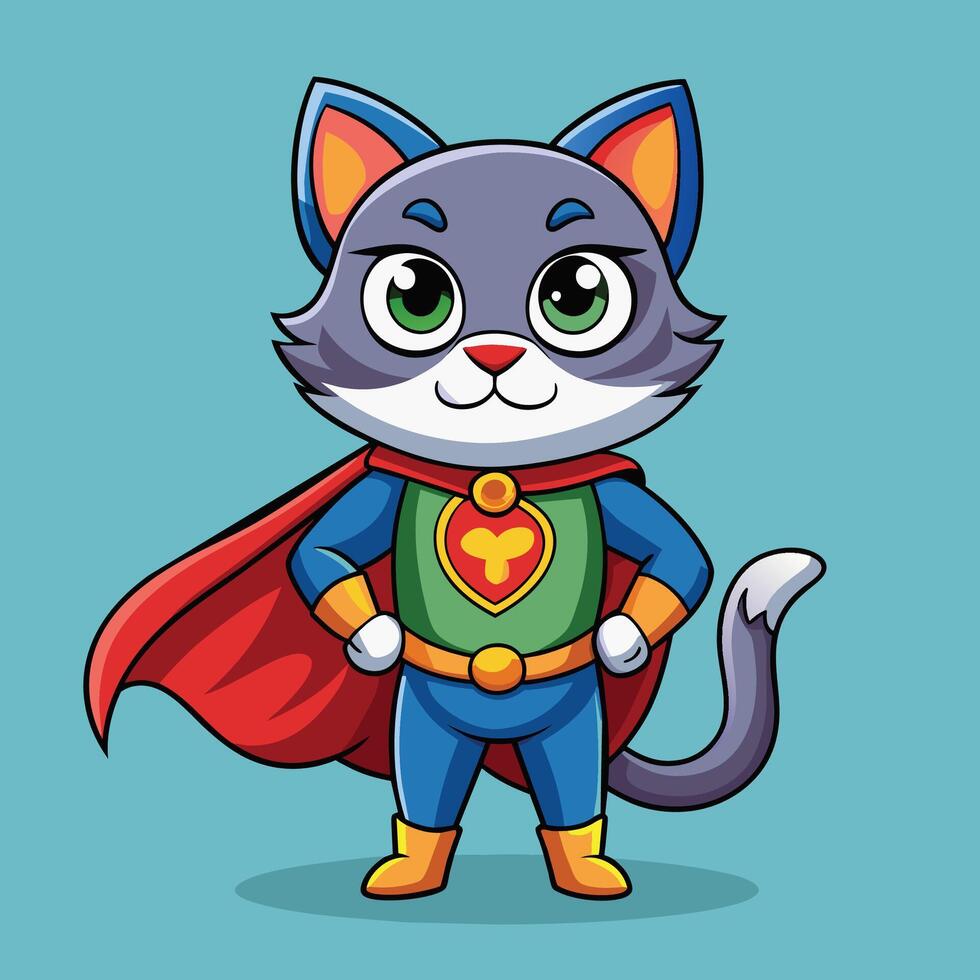 A superhero cat character with blue costume, cape, and green eyes, standing confidently against a turquoise background vector