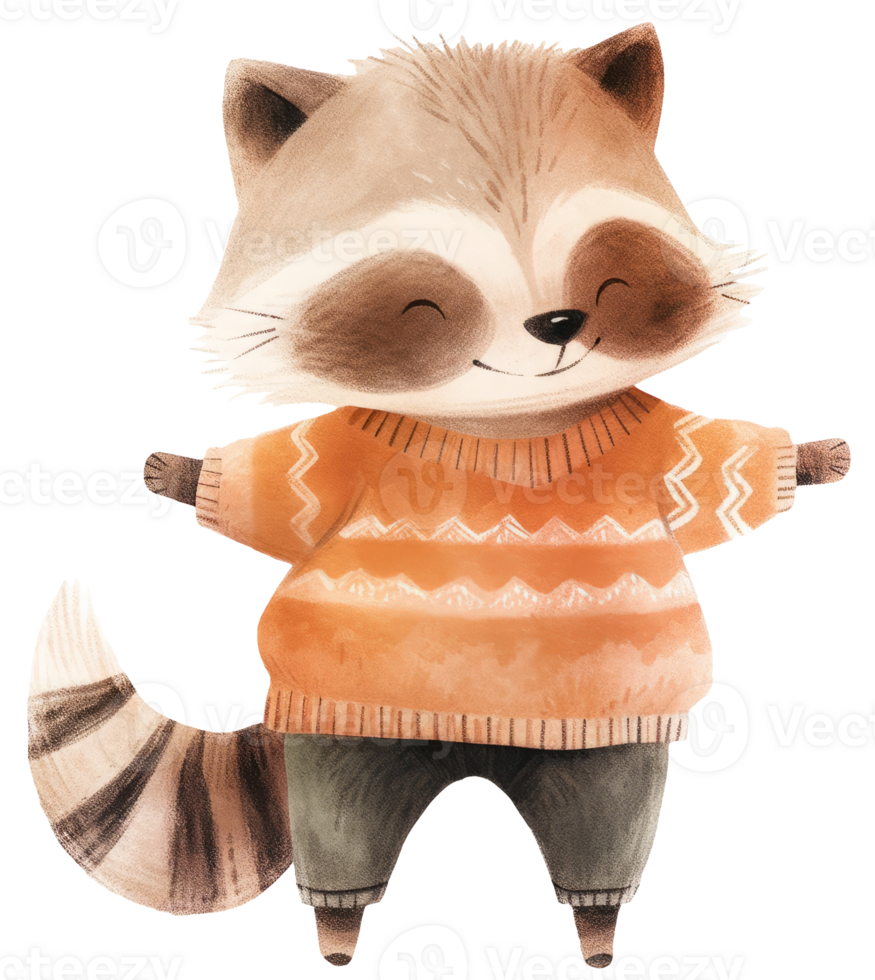 Watercolor dressed raccoon animal isolated on transparent background, autumn illustration png