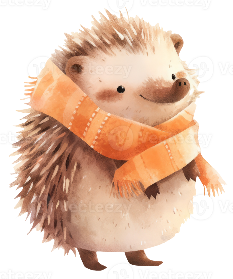 Watercolor dressed hedgehog animal isolated on transparent background, autumn illustration png
