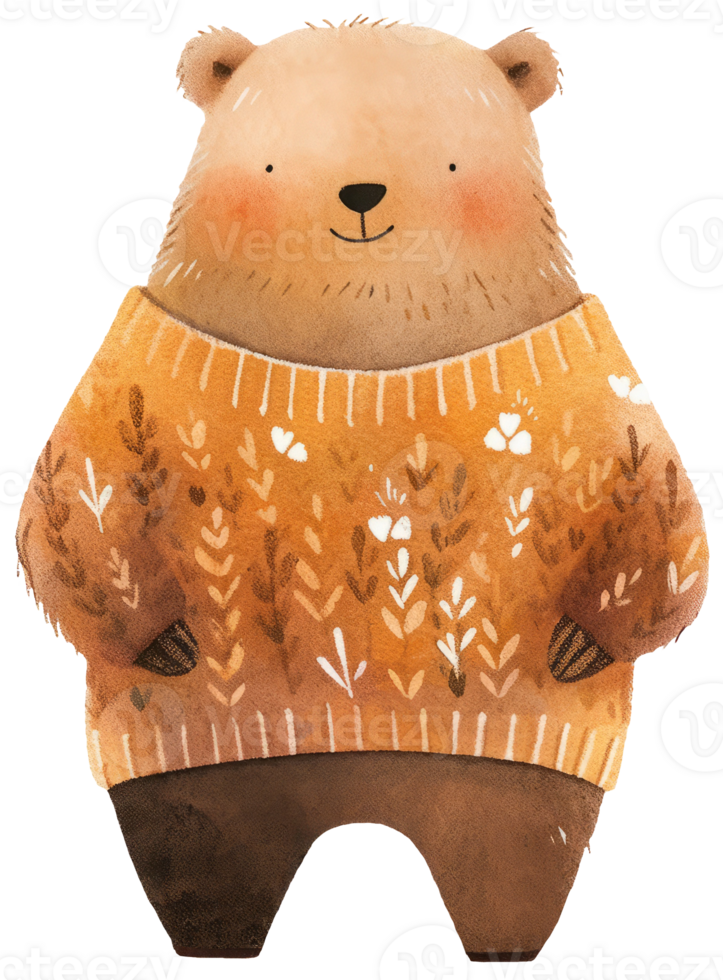 Watercolor dressed bear animal isolated on transparent background, autumn illustration png