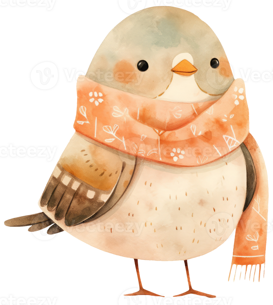 Watercolor dressed bird isolated on transparent background, autumn illustration png