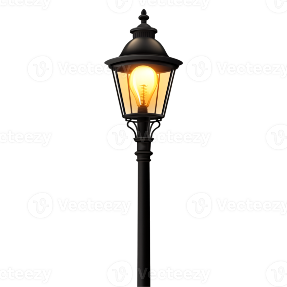 A black lighted street lamp with a light bulb png