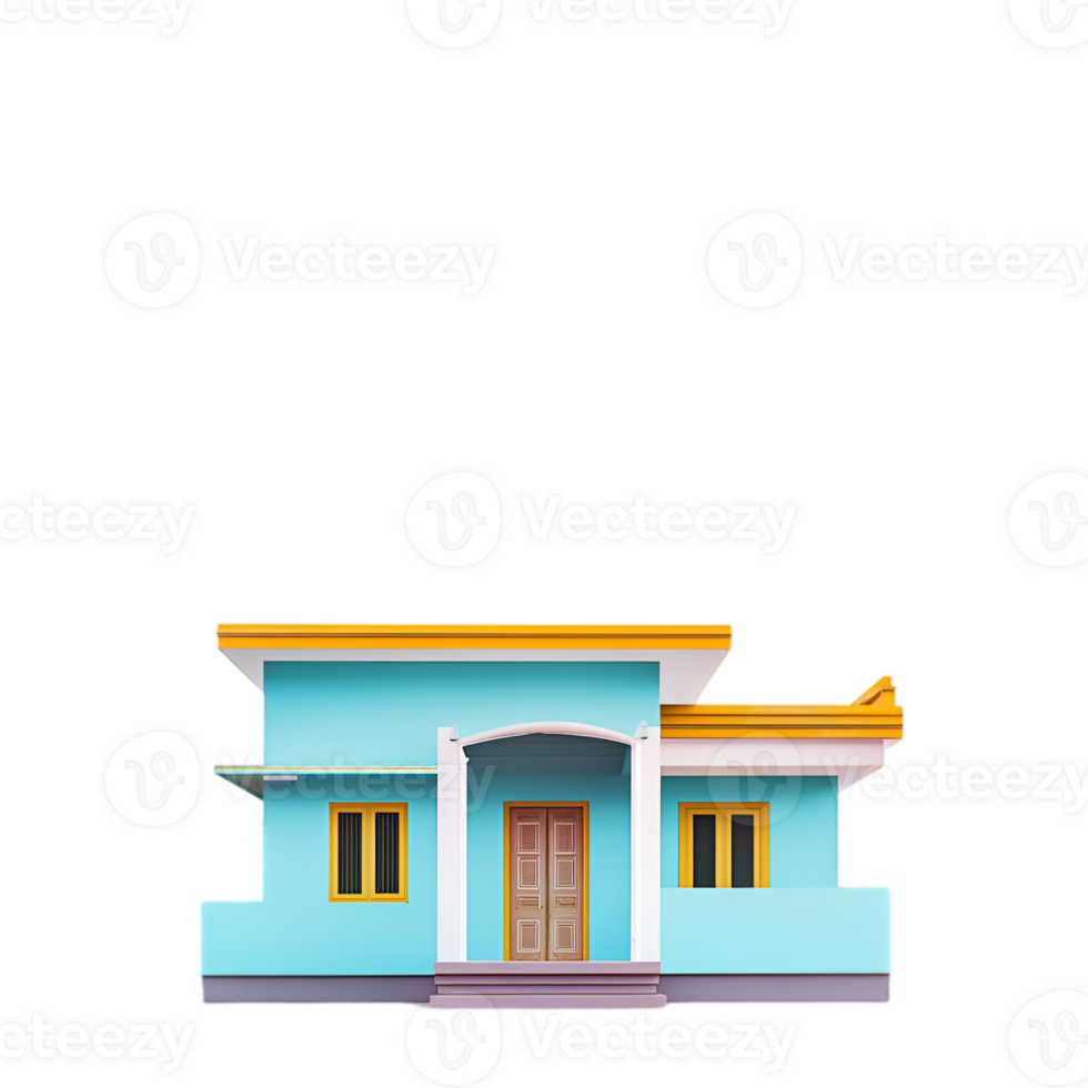 A small house with a blue roof and yellow trim png