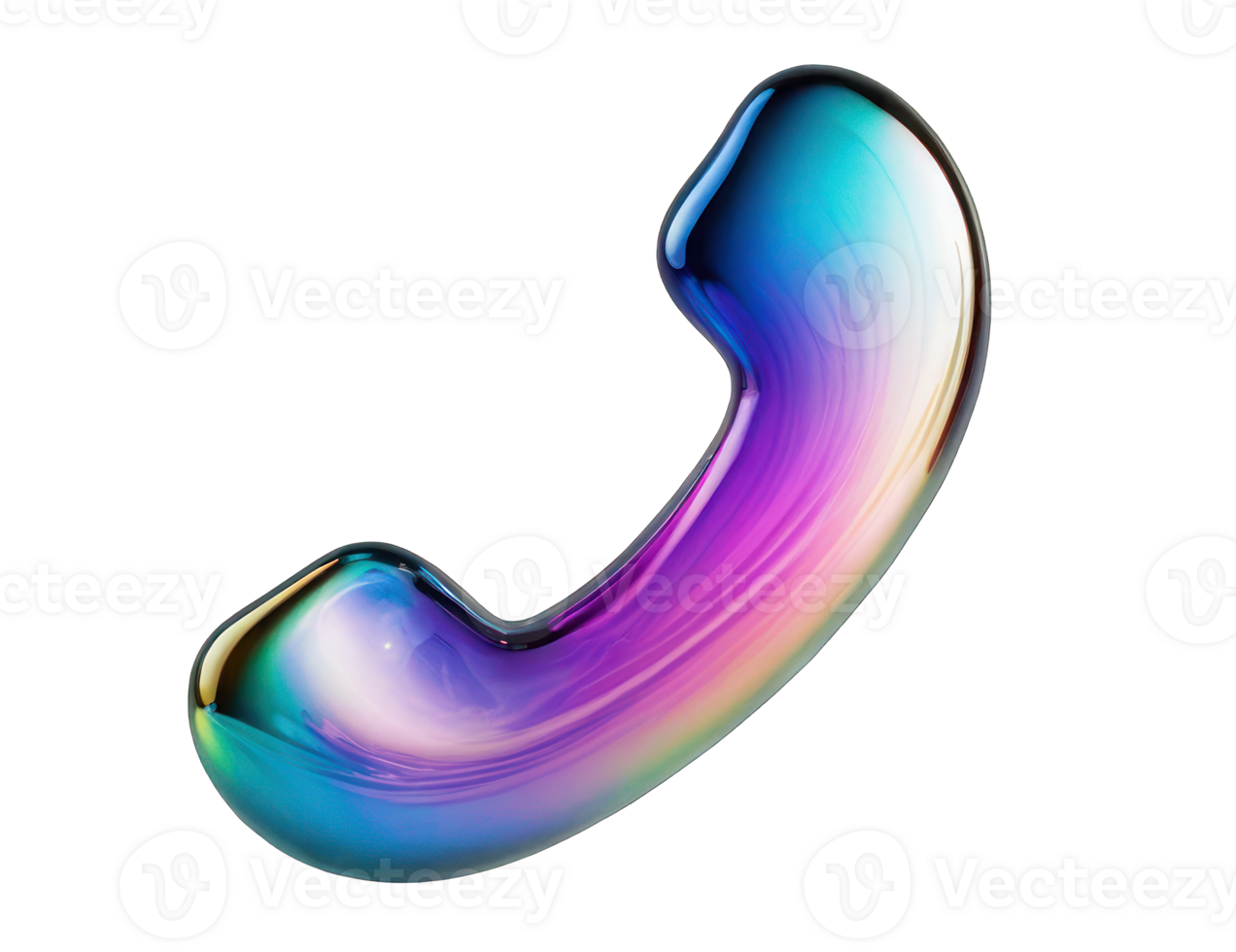 3D render holographic chrome Y2K element, isolated background. Liquid metal, colorful phone with a purple and blue swirl. The phone is made of glass and has a shiny, reflective surface. png