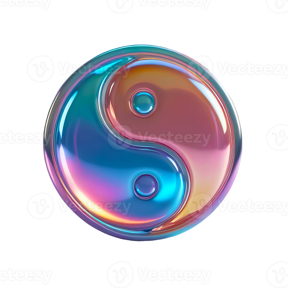 3D chrome element in Y2K style, isolated background, liquid holographic metal. Colorful metallic and shiny symbol of the yin and yang, balance and harmony. png
