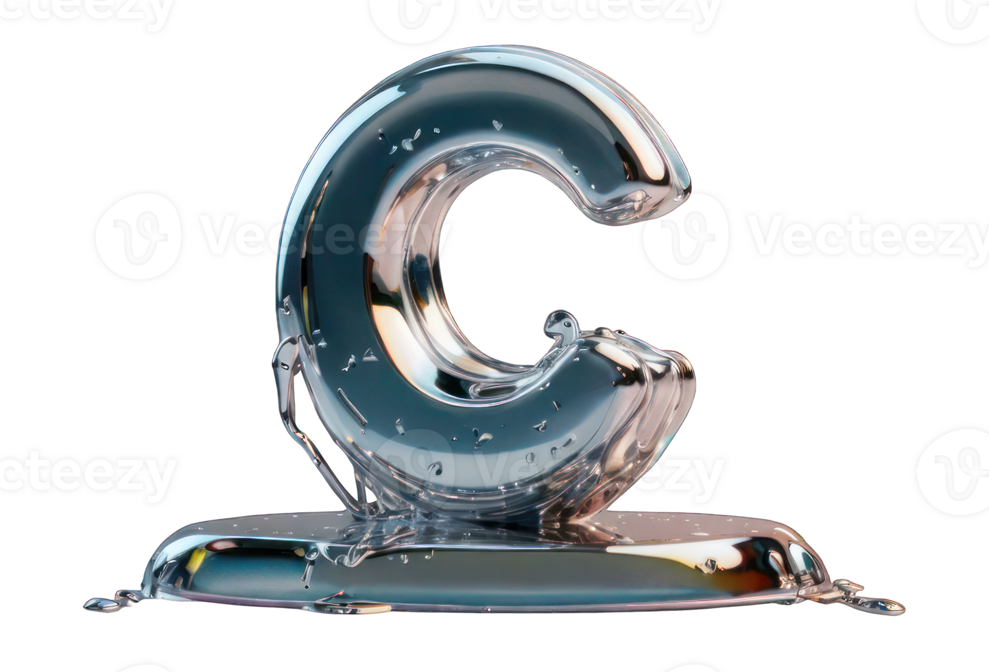 3D render holographic chrome Y2K element on transparent background. Liquid metal, letter C has a shiny, reflective surface. png