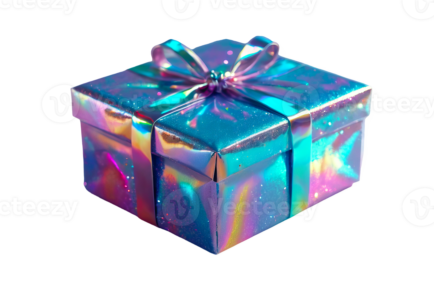 3D holographic Y2K element, isolated background. Liquid chrome metal, box with a bow on top, wrapped in shiny plastic and has a bow, gift. png
