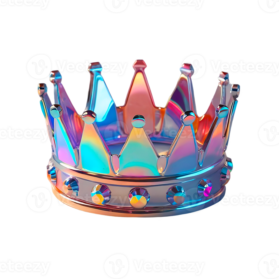 3D chrome element in Y2K style, isolated background, liquid holographic metal. A colorful crown with a rainbow design, shiny metallic. png