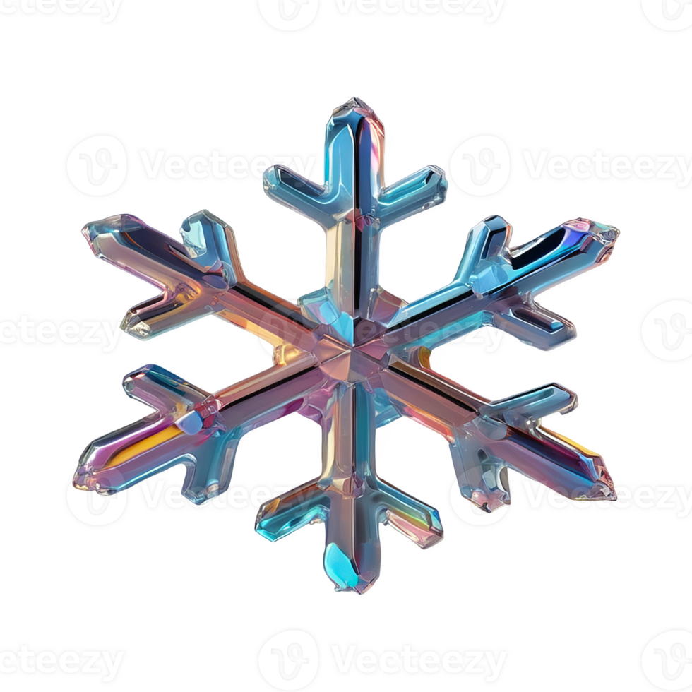 3D chrome element in Y2K style, isolated background, liquid holographic metal. Snowflake made of glass with a blue and purple hue, sparkling effect. png