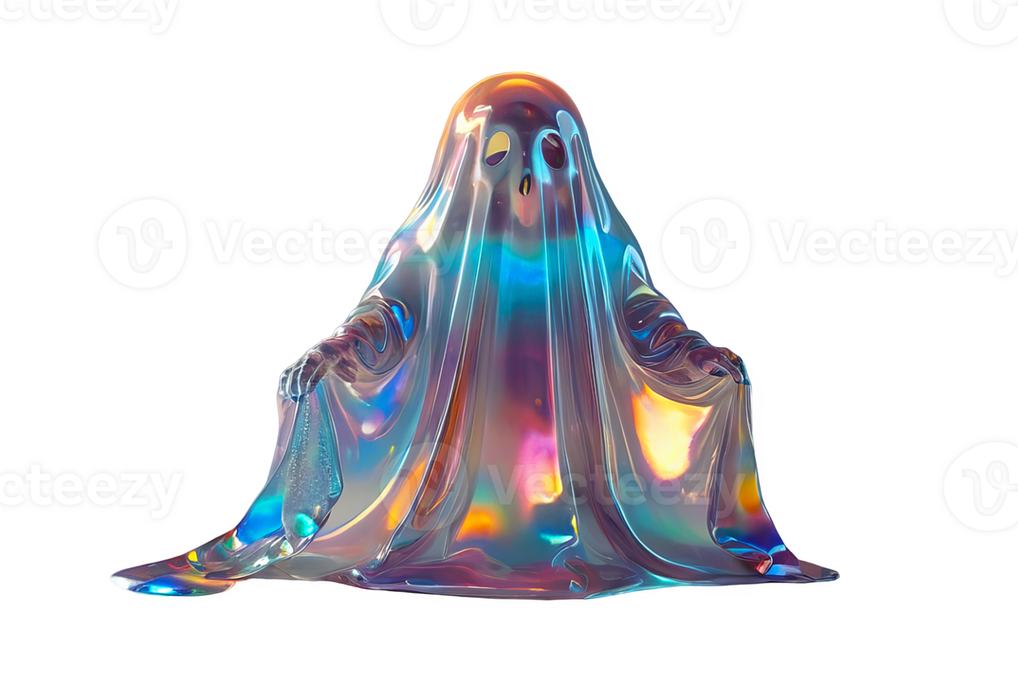3D holographic chrome Y2K element, isolated background. Liquid metal, ghostly figure is surrounded by a rainbow of colors. Spooky Ghost, Halloween. png