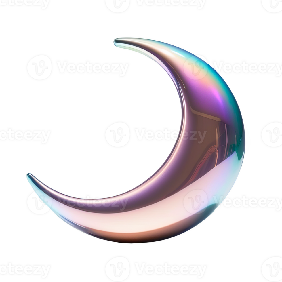 3D chrome element in Y2K style, isolated background, liquid holographic metal. Shiny colorful and curved crescent moon made of metal and has a metallic sheen. png