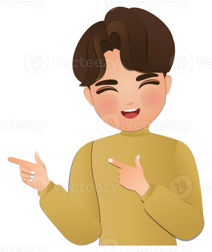 Cute cartoon Young man smiling to while presenting with hand and pointing with finger png