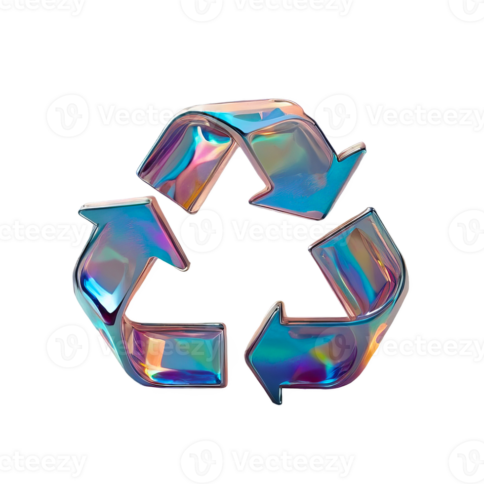3D chrome element in Y2K style, isolated background, liquid holographic metal. Colorful, abstract design of a recycling symbol made of arrows, shiny mirror surface. png