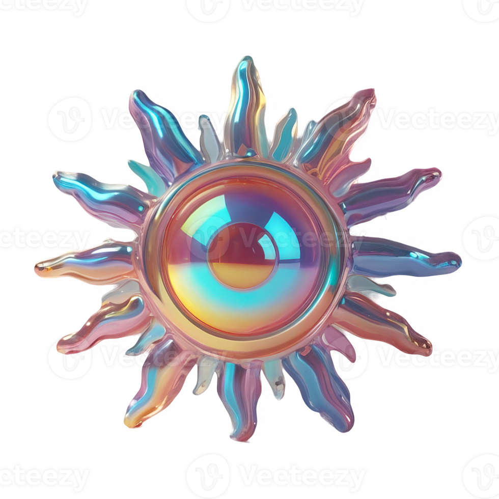 3D chrome element in Y2K style, isolated background, liquid holographic metal. Colorful sun with a rainbow colored frame. png
