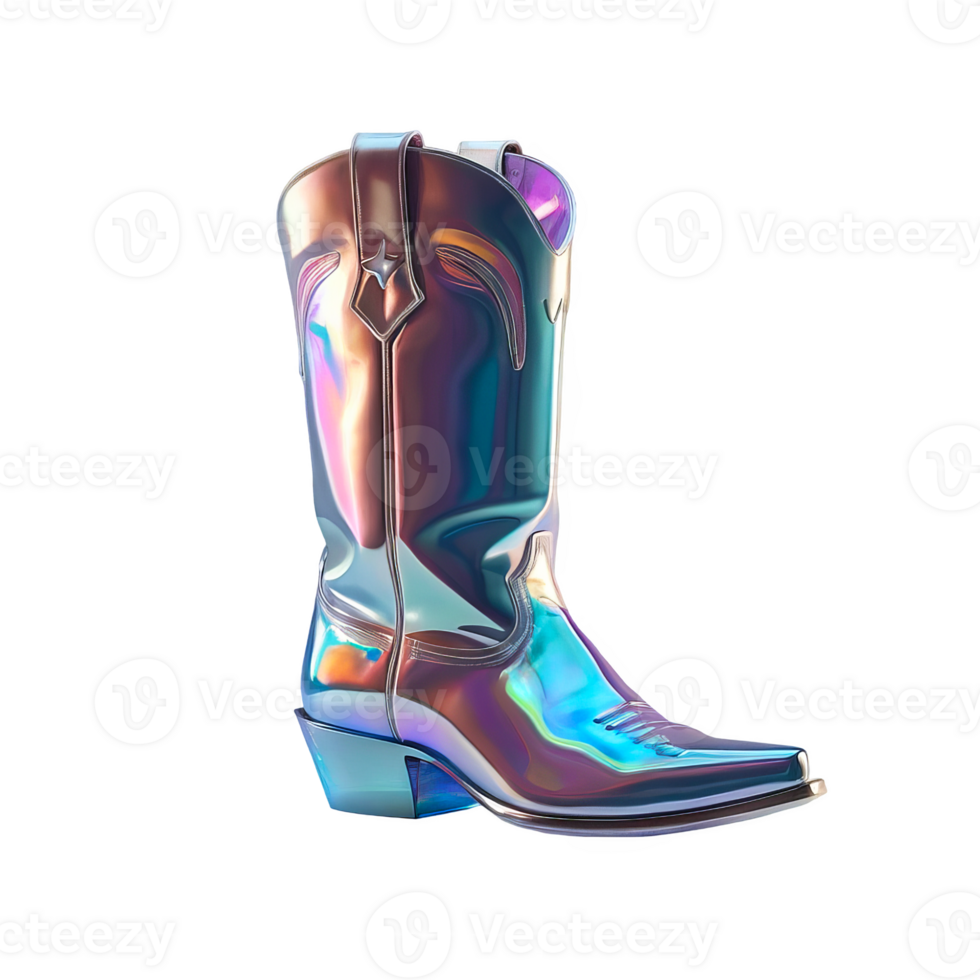 3D chrome element in Y2K style, isolated background, liquid holographic metal. Cowboy boot, shiny mirror surface. png