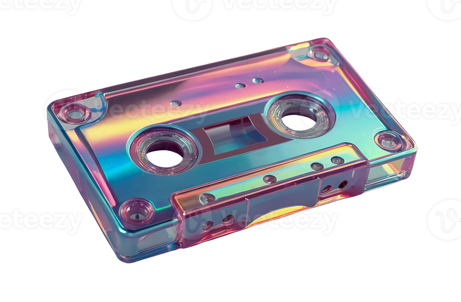 3D chrome element in Y2K style, isolated background, liquid holographic metal. Colorful rainbow cassette tape made of a shiny, reflective material. png